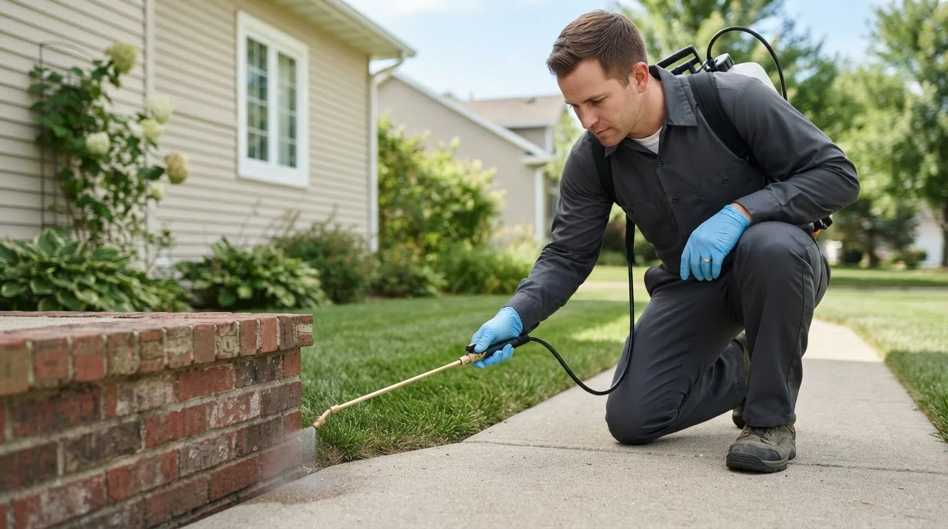 Pest control technician treating a home near Garner, IA