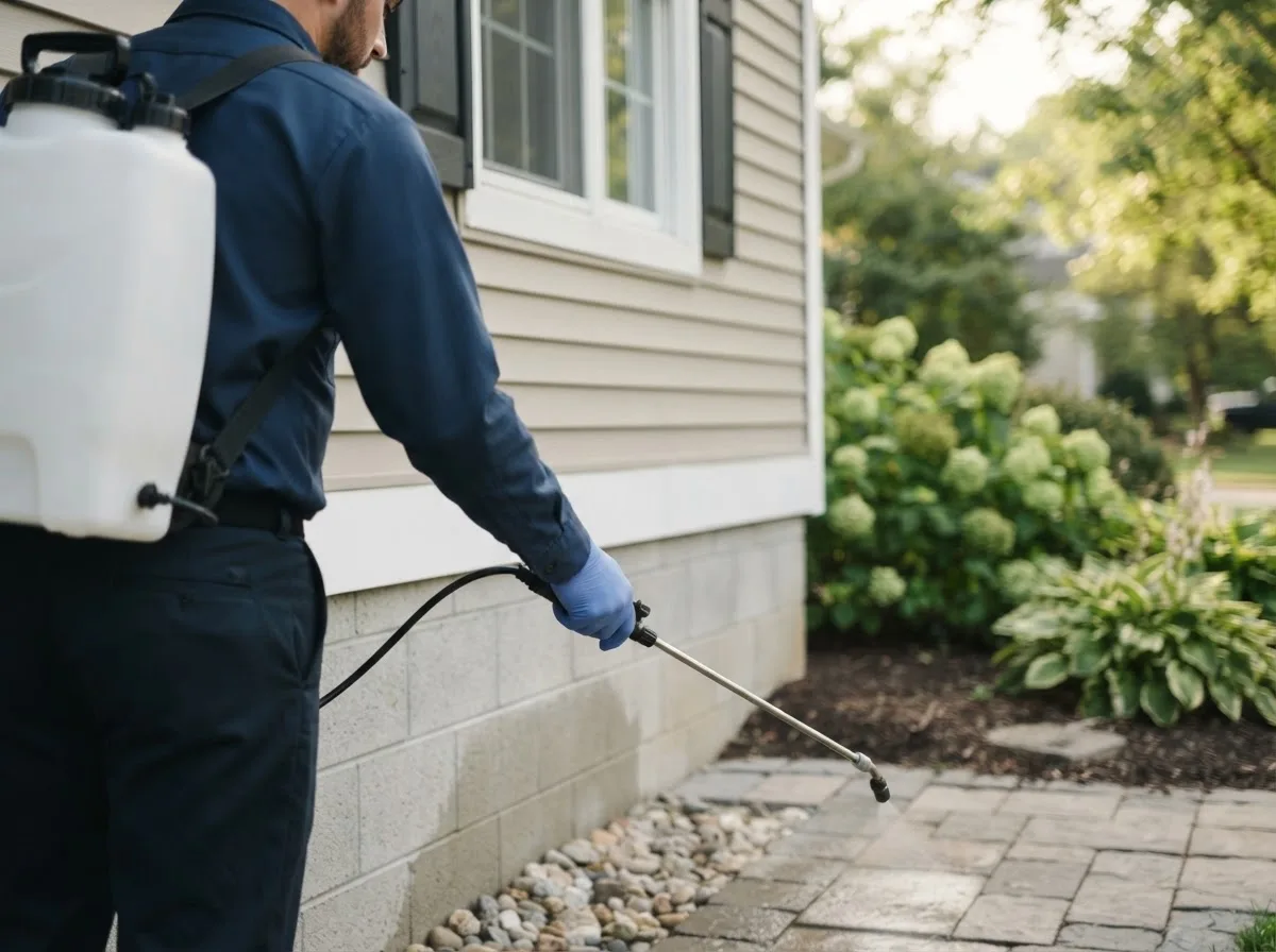 Pest control technician inspecting a home in Garner, IA